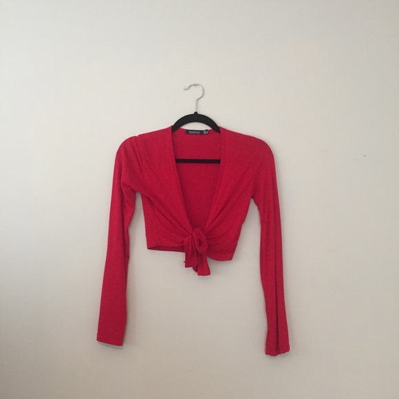 Boohoo red longsleeve front tie top size US 0 - Picture 3 of 6